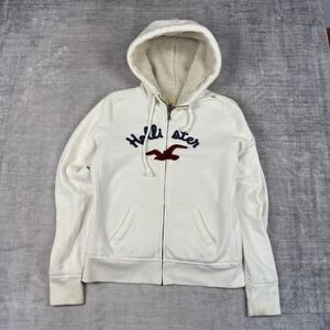 Hollister Sweatshirt Womans Large White Hoodie Vtg Y2K Faux Fur Lined Full Zip